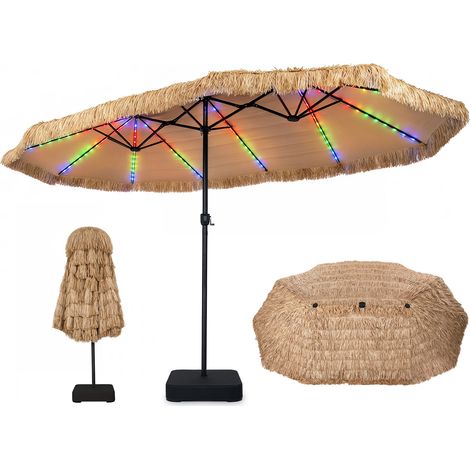 Parasol Double Tropical en Paille 4,5 x 2,7m avec Lumière, Parasol de Plage Lumineux XXL avec Manivelle Lisse, 12 Baleines&Goupille Réglable (1/5)