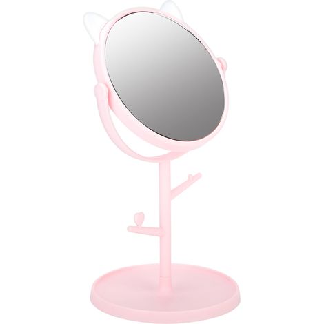 Miroir de maquillage rotatif avec plateau intégré et éclairage LED, design oreilles de chat rose pour bureau (1/5)