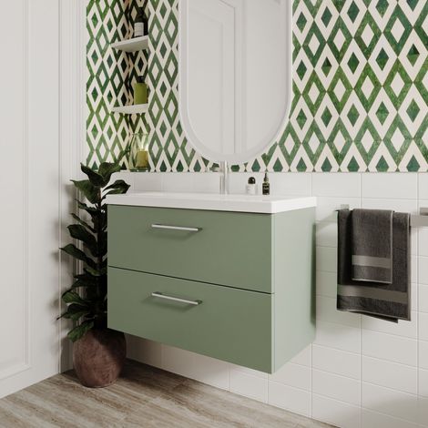 Nuie Arno Satin Green 800mm Wall Hung 2 Drawer Vanity Unit and Curved Ceramic Basin - ARN826G (1/5)