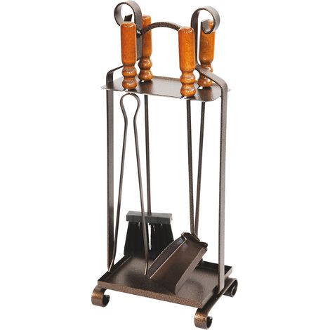 Kit pulizia e sistemazione camino 4 attrezzi in ferro battuto con stand scaffaletto portautensili per camino Totem (1/5)