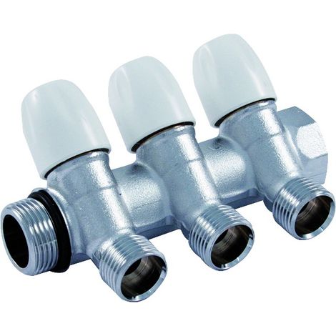 COLLETTORE LINEARE IN OTTONE CROMATO MODELLO MAXIMA CON RUBINETTO D'ARRESTO 3/4X1/2  3 VIE   TIEMME RACCORDERIE SPA