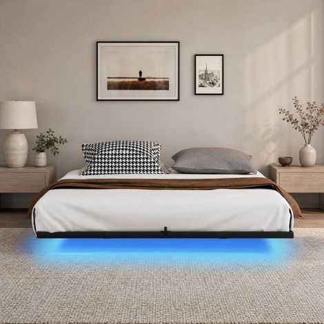 Cadre de lit 160x200 cm en acier noir, LED et station de charge, montage simple - CHICFURN (1/5)