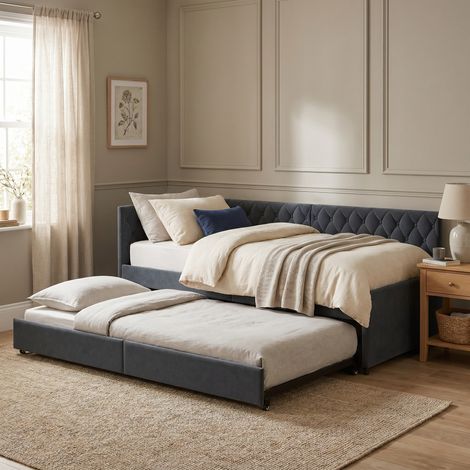 Canapé convertible, Lit banquette 90x200 cm avec lit gigogne, Velours, Cadre en bois et métal, Style capitonné, Gris (1/5)