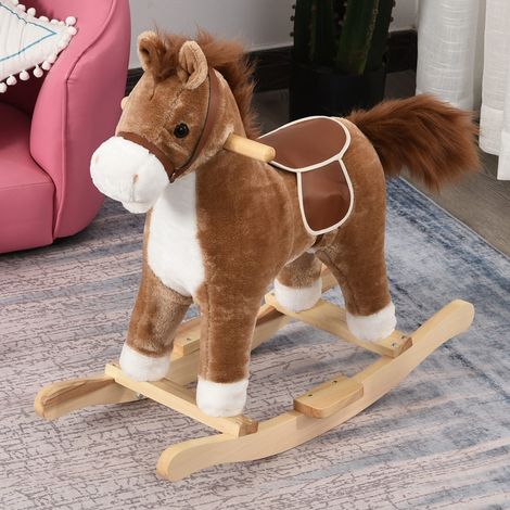 HOMCOM Cheval à Bascule Selle Grand Confort Peluche Courte Douce Bois peuplier Brun dim. 65L x 32.5l x 61H cm
