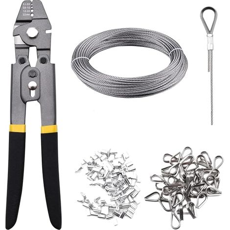 Lot de pinces à sertir pour câble métallique + 50 m de câble métallique en acier inoxydable de 1,5 mm avec 200 manchons de serrage en aluminium et 50 cosses pour balustrade, décoration, (1/5)