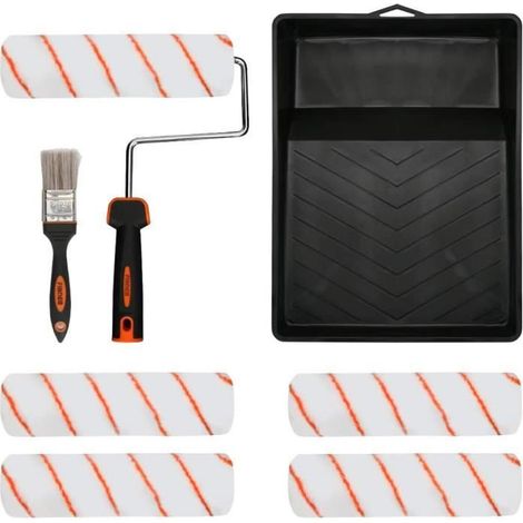 Kit de Rouleau de Peinture et Pinceau Peinture Mur et Plafond 8Pcs avec Reservoir Poignée à Rouleau Bac Peinture Manchons de (1/4)