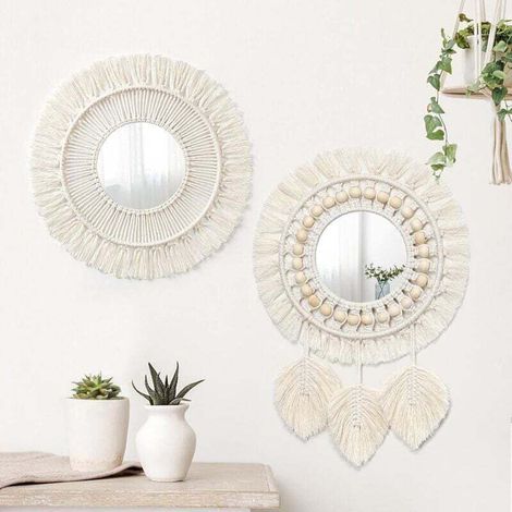 Macrame Decorative Wall Mirror 2 Pieces with Woven Leaves Boho Style for Bedroom Living Room Home Decor (1/4)