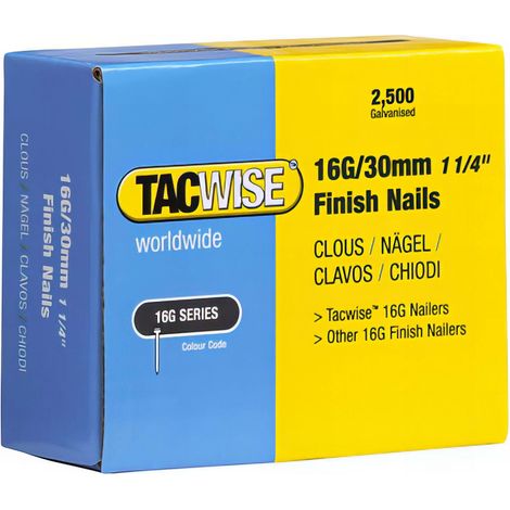Tacwise – Boîte de 2500 clous de finition 16G 30 mm – Acier galvanisé pour bois dur – Compatibles cloueurs électriques et pneumatiques (1/2)