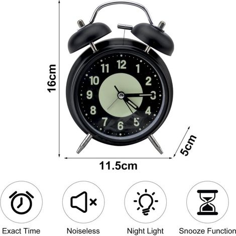 Sveglia classica con campanello, sveglia da viaggio vintage silenziosa senza ticchettio, sveglia analogica con numeri luminosi, sveglia da comodino con doppio campanello per dormire, ufficio, camera d (1/4)