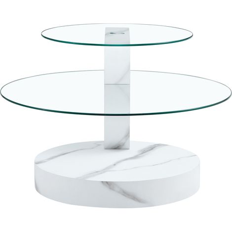 Mesa de centro moderna de dos niveles en vidrio templado y MDF blanco efecto mármol (1/5)