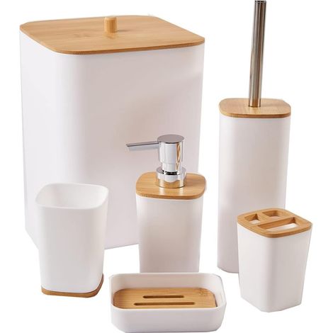 Lot de 6 accessoires de salle de bain en bambou - Accessoires de salle de bain modernes - Accessoires de toilette blancs avec poubelle, porte-brosse à dents, porte-savon, distributeur (1/5)