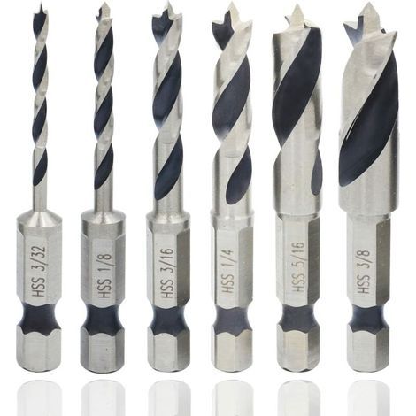 Juego de 6 brocas helicoidales profesionales de vástago hexagonal de 1/4", broca rotativa para madera de vástago hexagonal imperial, cortador de agujeros en espiral HSS para taladrar madera, metal y p (1/5)