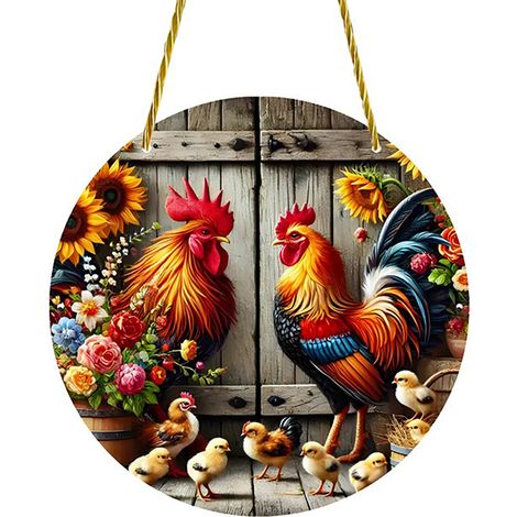 Décoration murale coq imprimé 2D - Suspension florale et animal avec corde (1/5)
