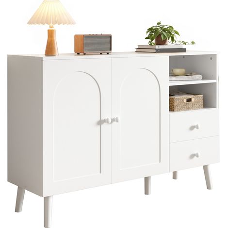 Buffet à portes cintrées, poignées et pieds en bois, comprenant 2 portes, 2 tiroirs et 2 compartiments ouverts, offrant de multiples espaces de rangement. Idéal pour le salon, la salle à manger ou l'e (1/5)