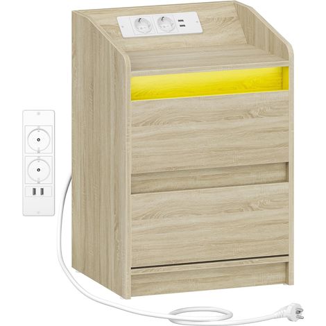 Comodini con Luci a LED, Stazione di Ricarica e 2 Cassetti, Tavolino da Notte con Porte USB e Prese di Corrente, Ideale per Soggiorno e Camera da Letto, Quercia Chiaro (1/5)