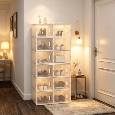 Étagère modulaire élégante à chaussures, rangement empilable avec 12 boîtes, organisateur de jouets, armoire salle de bain (1/4)