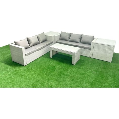 Fimous 6 Seater Garden Outdoor Rattan Furniture Set Rattan Garden Sofa Oblong Coffee Table with 2 Side Tables Light Grey Mixed