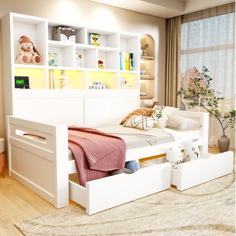 Cama sofá 90x200 cm blanca de MDF con cajones, estantes, LED y tomas de corriente (1/5)