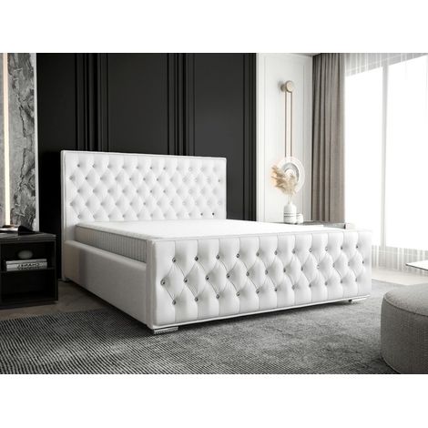 Lit Double Crystal - Blanc - 200x200 Cm - Lit Avec Rangement - Lit Capitonné - Matelas À Ressorts Bonnell (1/5)