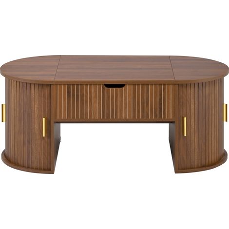 ELVMI Höhenverstellbarer Couchtisch mit 2 Schiebetüren und offenen Regalen, aus MDF, Nussbaum, 100 x 50 x 40.5 cm (1/5)