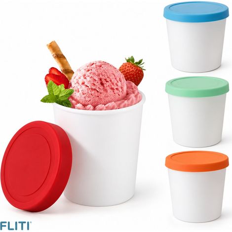 FLITI- Lot de 4 Pots à Glace 250ml en PP Sans BPA avec Couvercle Étanche 9x8cm Réutilisable pour Dessert Gelato Sorbet
