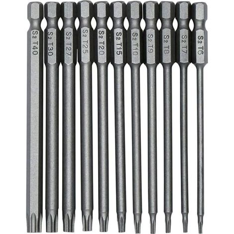 11 Embouts Torx Magnétiques de Précision S2 100 mm Tête Longue T6 à T40 pour Manche 1/4″ (1/4)