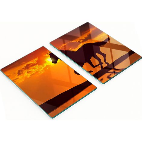 Juego de dos tablas de cocina decorativas de cristal con diseño de caballo y sol, 2x40x52 cm. (1/5)