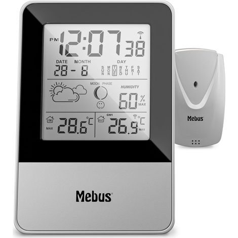 MEBUS Stazione meteo radiocomandata con sensore esterno, termometro, igrometro (esterno), orologio radio, indicatore di benessere della stanza, previsioni meteo con simboli, calendario lunare, colore: (1/5)