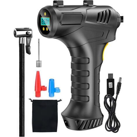 Gonfleur Pneus Voiture, Compresseur Voiture Rechargeable 12V, Compresseur à Air Portatif Avec 3 Buses, Gonfleur Pneus Voiture Sans Fil avec dissipation de chaleur pour voiture, moto et ballon (1/4)