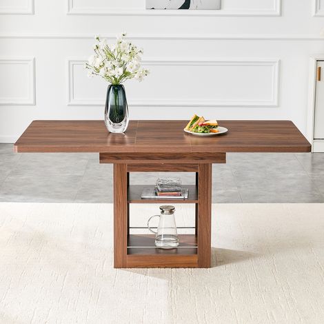 Table extensible en noyer avec étagère, 130/160cm, pour 4 à 8 personnes, design gain de place, piètement métal, mécanisme d'extension fluide, rangement intégré pratique (1/5)
