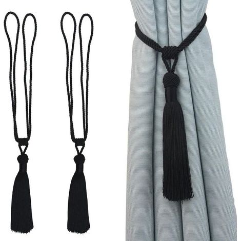 Lot de 10 embrasses de rideaux en corde faites à la main avec pompons pour la décoration de la maison et du bureau (noir, 2)