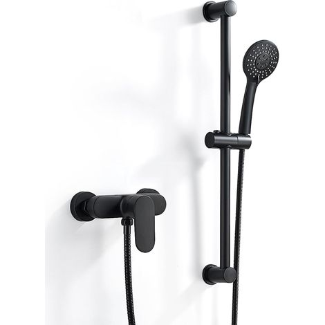 Mitigeur Monocommande Douche Noir, Robinet Mitigeur de Douche Mural avec Barre de Douche RéGlable 635mm, Douchette à Main, Flexible 150mm (1/5)
