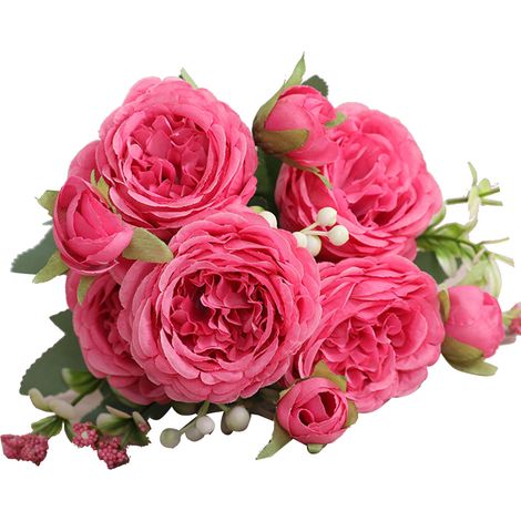 3 bouquets de 5 roses persanes artificielles, bouquet de roses rouges, noué à la main, pour mariage, salon ou décoration intérieure. (1/5)