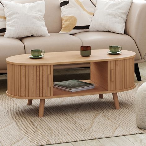 Mesa de centro oval ROMIE, 100 cm, 2 puertas correderas, listones de madera color roble