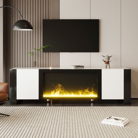 Meuble TV moderne 165 cm, finition brillante, Meuble TV avec cheminée électrique effet flamme, sans fonction chauffage, compartiment de rangement - Blanc (1/5)
