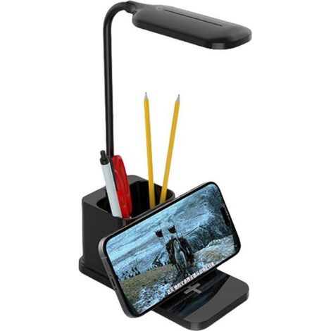 Lampe de bureau noire, chargeur sans fil intégré, luminosité réglable, éclairage protecteur pour les yeux, idéale pour bureau et travail (1/5)