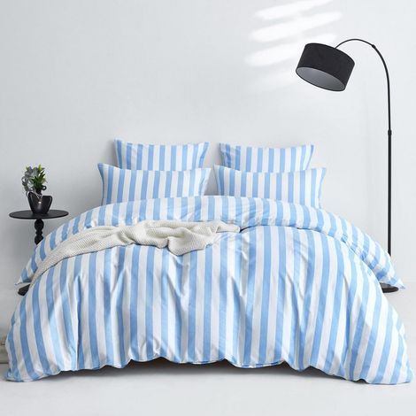 Bettwäsche-Set 155x220 cm Baumwolle Blau Weiß Gestreift 3-teilig mit Reißverschluss