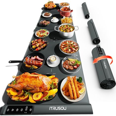 Tapis Chauffant Extensible pour Aliments 137x40 cm – Plat Chauffant avec 7 Réglages de Température, Commutable ℃/℉, Minuterie 99H, Sécurité Enfants, Chaudron Réglable pour Buffets et Fêtes (1/5)