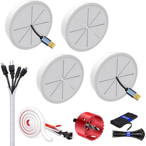Lot de 4 Passe-câble Mural 60mm avec Scie Cloche Kit Gestion des Câbles pour TV Murale Table Bureau- Inclut 3m Gaine Tressée (1/5)