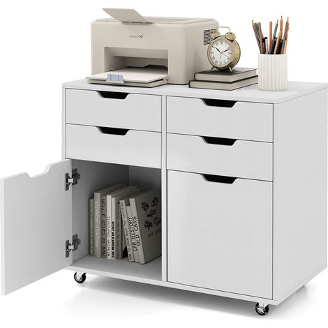 COSTWAY 4 Drawer Dresser Chest Mobile Storage Cabinet w/Universal Wheels-White (1/5)