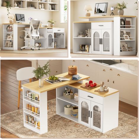 Isla de cocina fija con mesa giratoria de 360°, mueble de almacenamiento, mesa de bar con cajón y estantes, aparador de cocina con estante de almacenamiento para comedor y bar. (1/5)