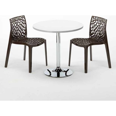 Mesa Redonda Blanca 70x70 cm con Base de Acero y 2 Sillas De Colores Gruvyer Long Island - Marrón (1/5)