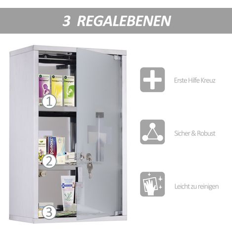 Armoire à pharmacie de premiers secours en acier inoxydable avec serrure, 30x18x50 cm, rangement sûr et discret pour salle de bain ou cuisine (1/5)