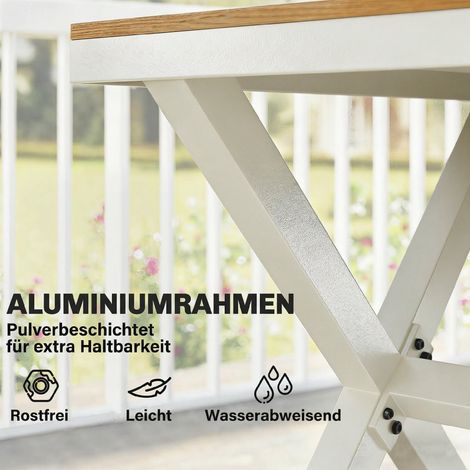 Ensemble de jardin 7 pièces, table et 6 chaises empilables, effet bois, structure aluminium teck, salon extérieur design moderne (1/4)