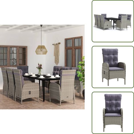 The Living Store Set da Pranzo da Giardino 9 pz con Cuscini Nero e Grigio - Tavolo da pranzo esterno