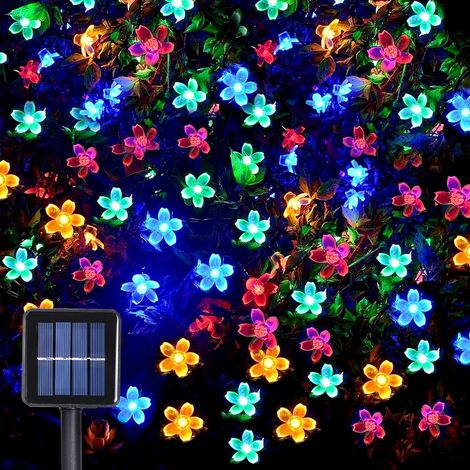Guirnalda de luces solares para exteriores, 12 m, 100 LED, 8 modos, forma de flor de cerezo, ideal para jardín, balcón o terraza (luz de colores). (1/5)