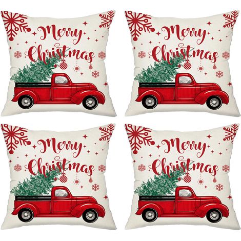 Housse De Coussin Noel - Lin - Motifs Arbre De Noel Renne Flocons De Neige - 45 X 45 Cm - Lot De 4 (1/5)