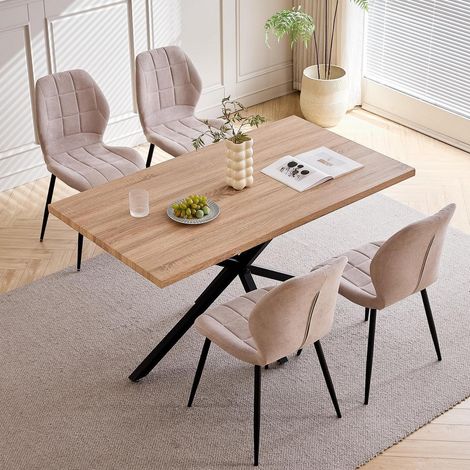Essgruppe 140cm Holztisch mit 4 Stühlen, hohe Rückenlehne, Metallbeine, Beige (1/5)