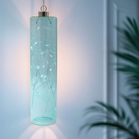LED Glas Pendelleuchte petrol blau mit Timer - 24 x 6 cm - Deko Hängelampe Batterie betrieben warm weiß beleuchtet