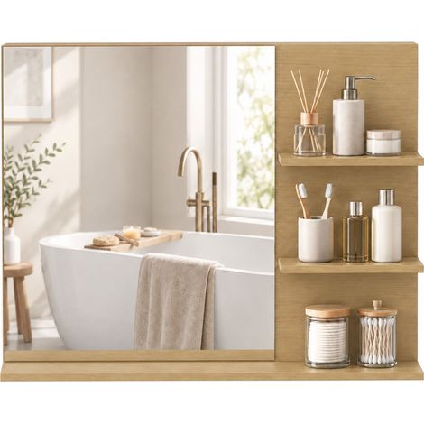 Miroir de salle de bain - miroir mural - kleankin - 3 étagères, modern, pour chambre à coucher, bureau - MDF - 60x10x48cm - chêne (1/4)